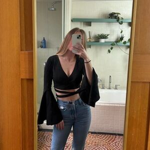 Black Cropped Wrap Top